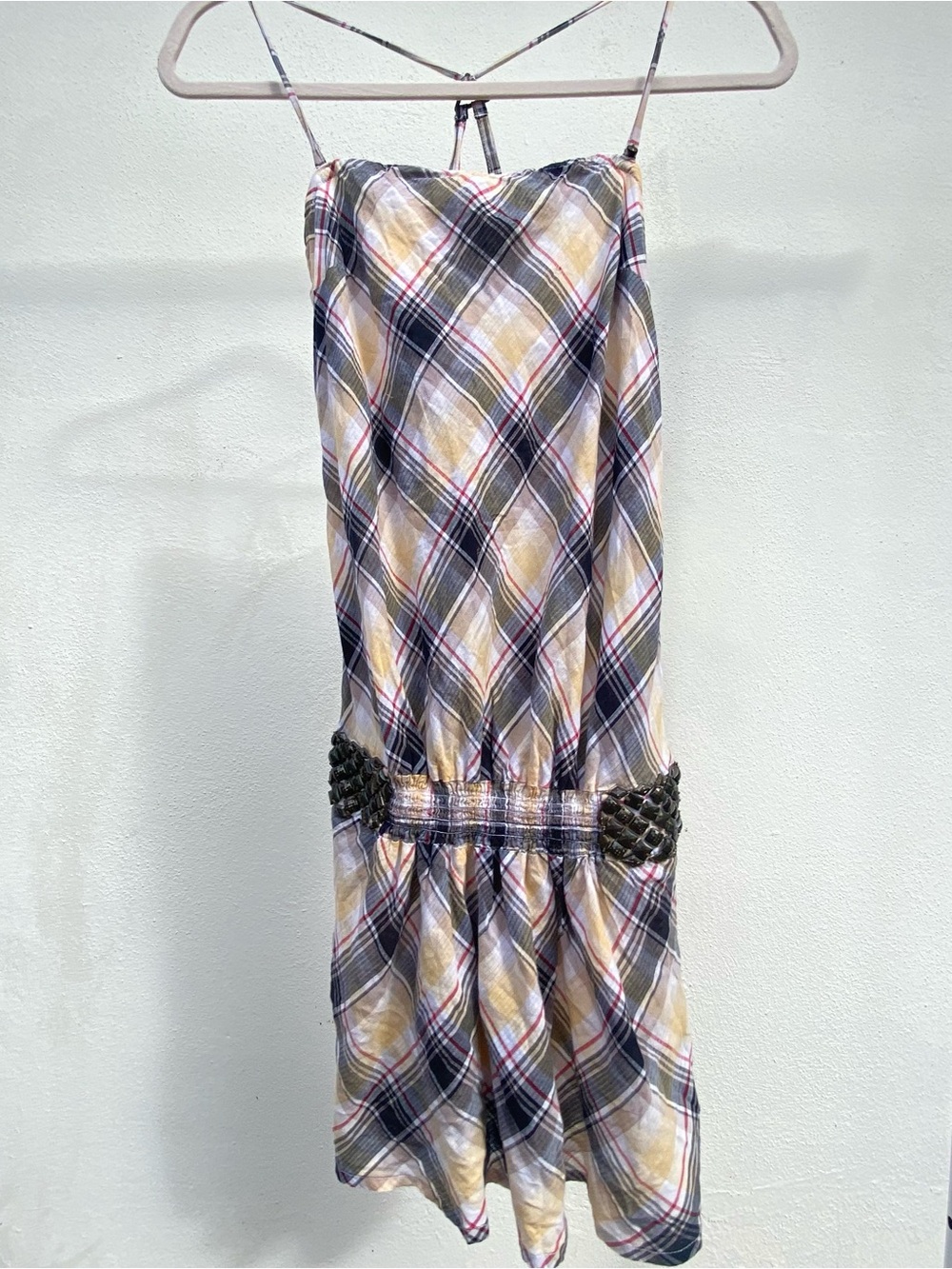 Y2K GUESS Yellow & Black Multicolor Plaid Studded Mini Dress Size Small